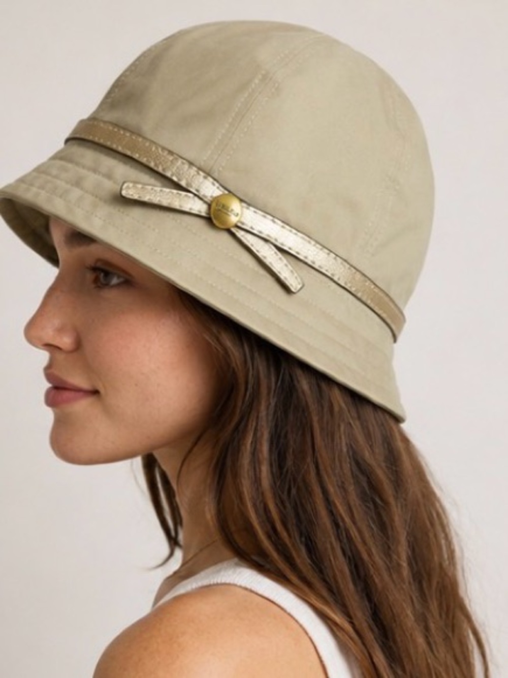 Coach Vintage Y2K Khaki Gold Metallic Leather Bow Cloche Bucket Hat M/L